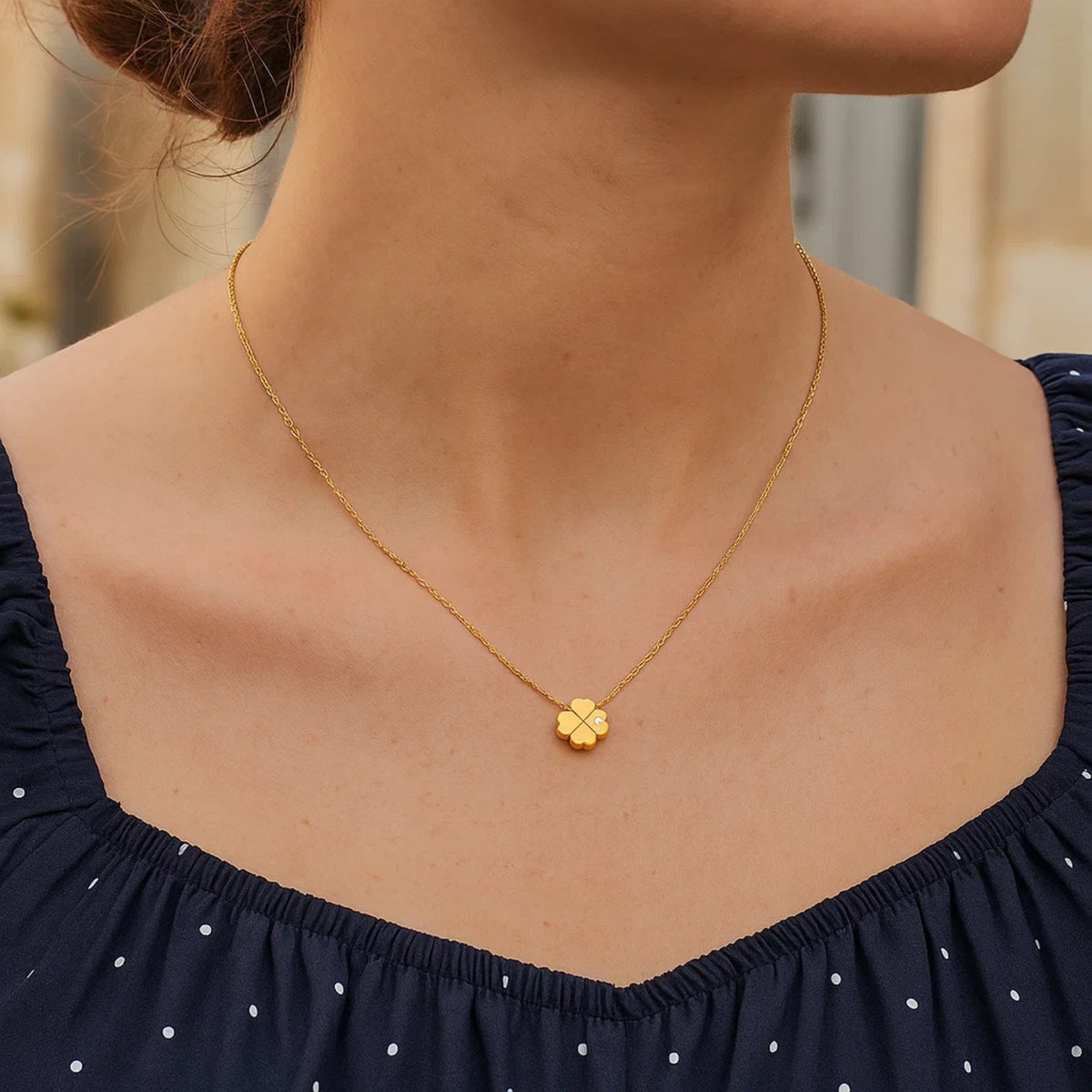 Four Leaf Clover Diamond Necklace in 14K Yellow Gold, worn