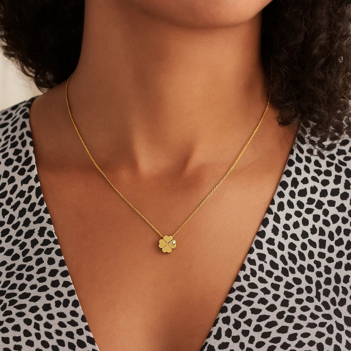 Four Leaf Clover Diamond Necklace in 14K Yellow Gold, worn
