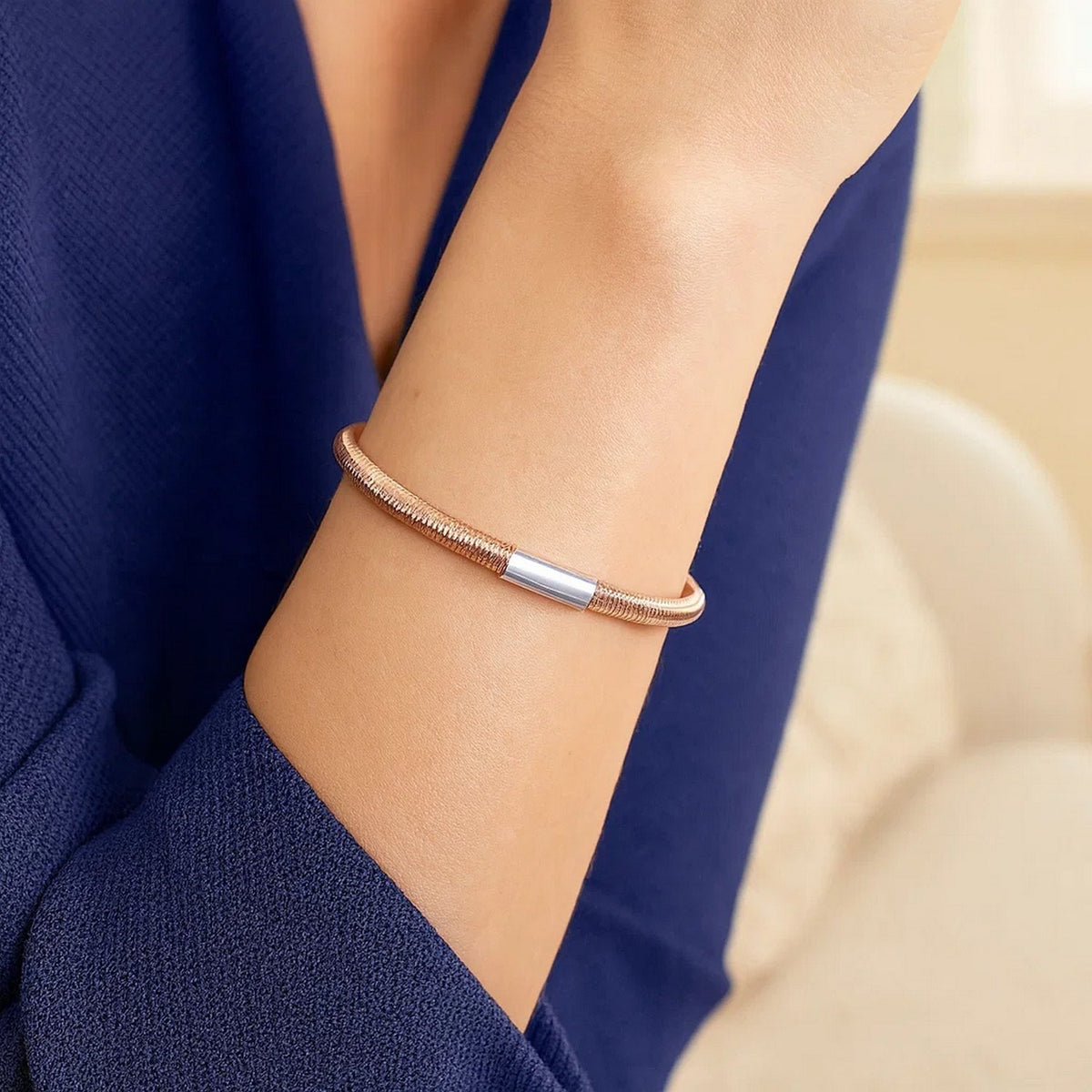 Basketweave Stretch Bangle in Rose Gold-Plated Silver