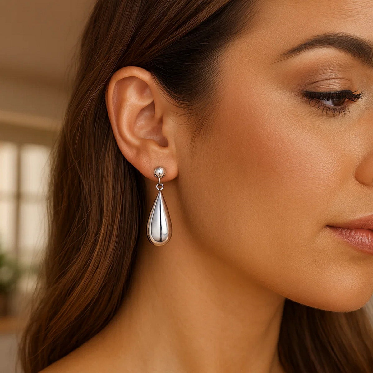 Puffed Teardrop Dangle Earrings in Rhodium-Plated Silver