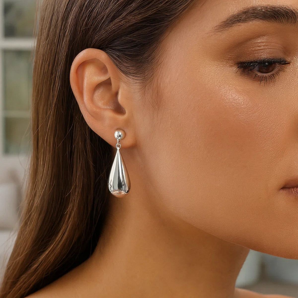 Puffed Teardrop Dangle Earrings in Rhodium-Plated Silver