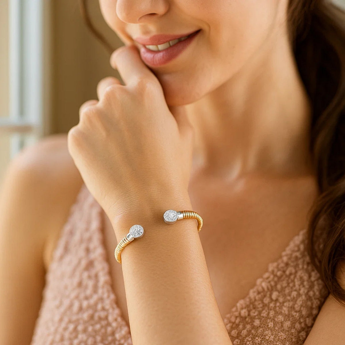 Pavé Diamond Tubogas Cuff Bangle in 14K Yellow Gold, worn