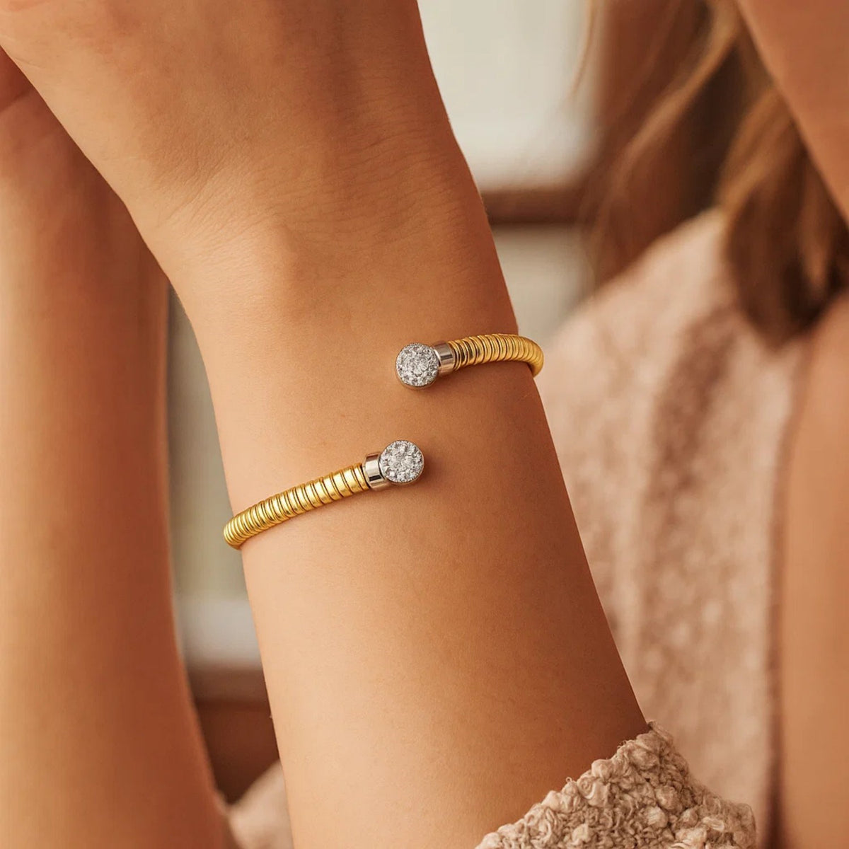 Pavé Diamond Tubogas Cuff Bangle in 14K Yellow Gold, worn