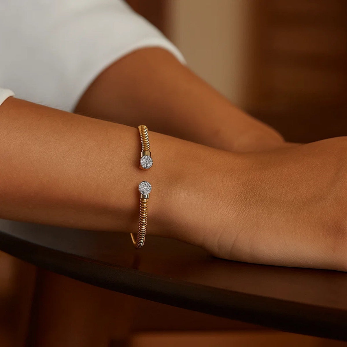 Pavé Diamond Tubogas Cuff Bangle in 14K Yellow Gold, worn