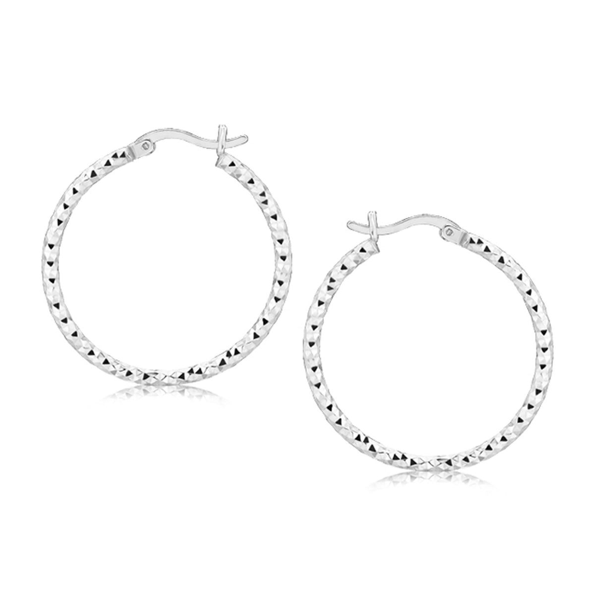Faceted Motif Hoop Earrings in Rhodium-Plated Silver (2x25mm)