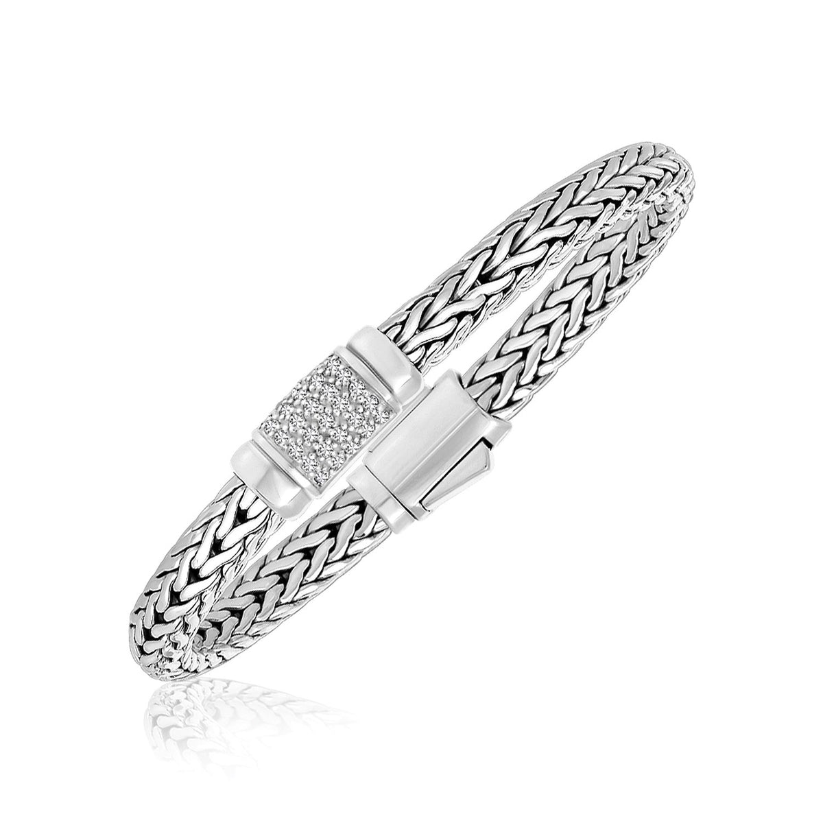 Weave Motif Bracelet with White Sapphire Accents in Silver (6.35 mm)