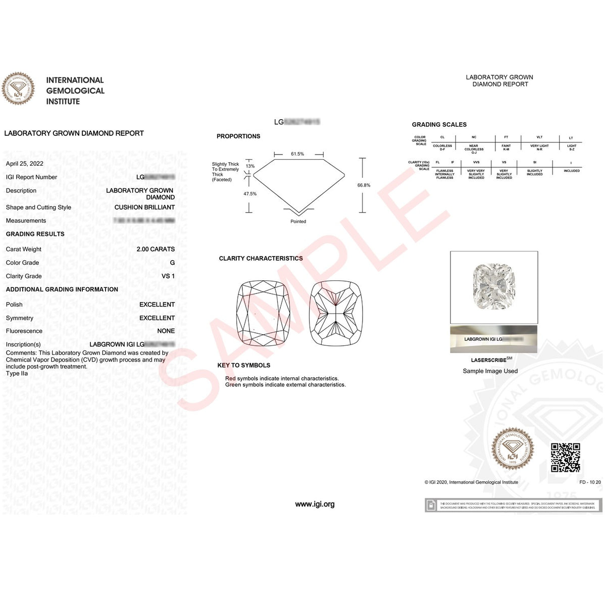 2 Carat Cushion Lab Grown IGI Diamond Solitaire in 10K White Gold G/VS1