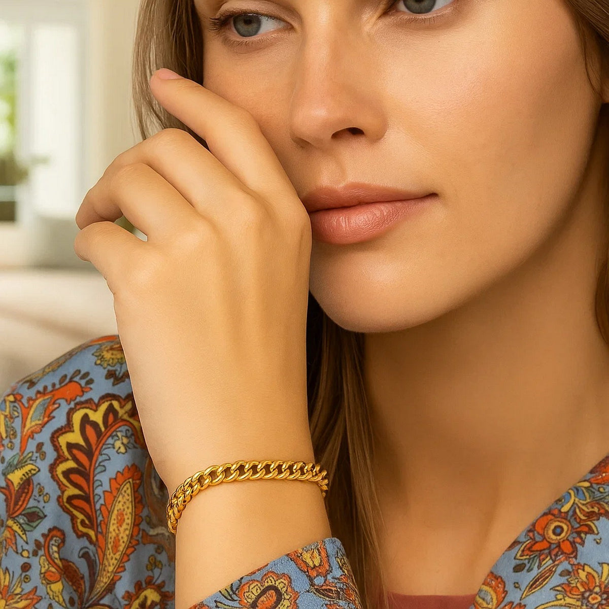 Petite Faceted Cuban Link Bracelet in 14K Yellow Gold, worn