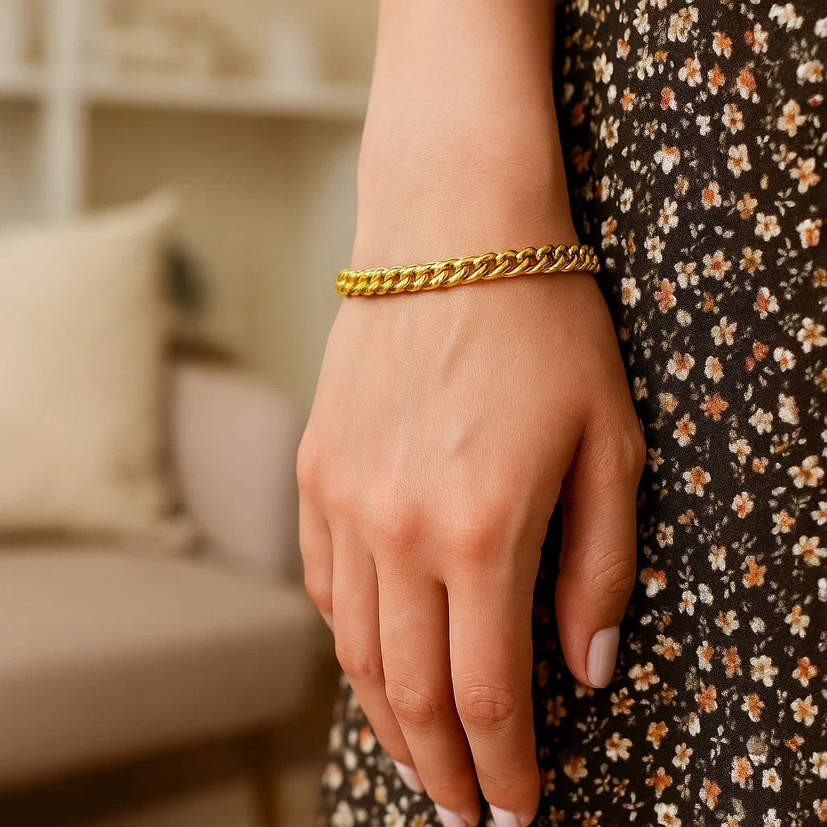 Petite Faceted Cuban Link Bracelet in 14K Yellow Gold, worn