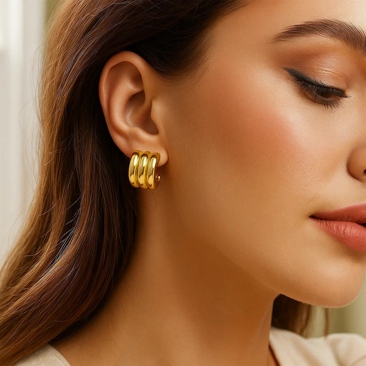 Triple Row C-Hoop Earrings in Yellow Gold-Plated Silver