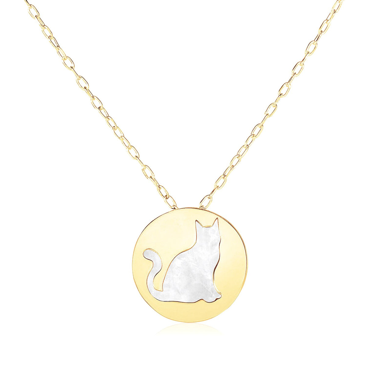 Mother of Pearl Cat Disc Necklace in 14K Yellow Gold