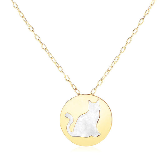 Mother of Pearl Cat Disc Necklace in 14K Yellow Gold