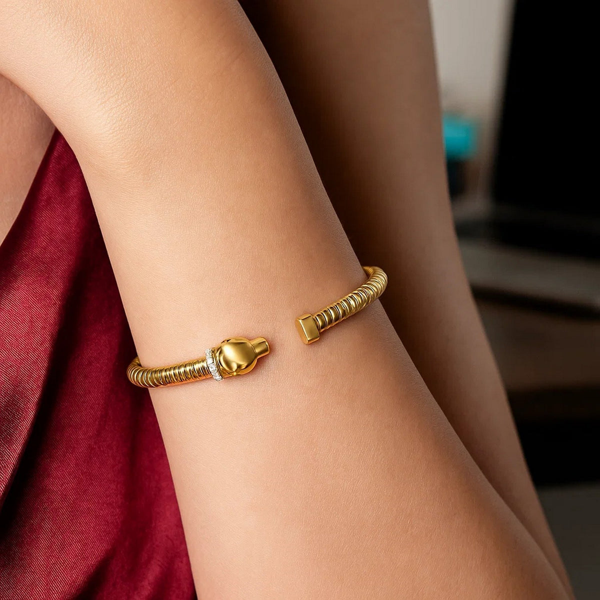 Panther Tubogas Cuff Bangle with Diamonds in 14K Yellow Gold, worn