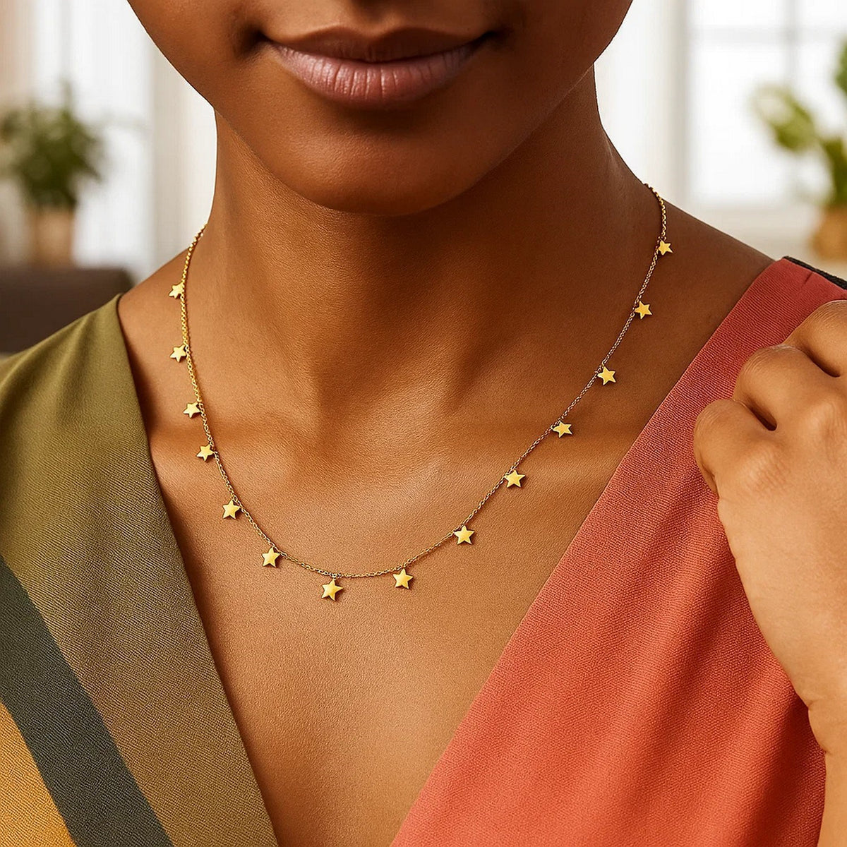 Dangling Stars Necklace in 14K Yellow Gold, worn