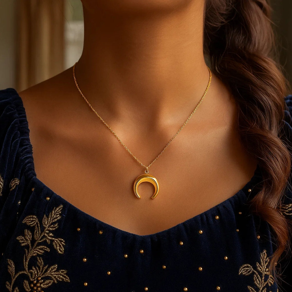 Domed Crescent Moon Necklace in 14K Yellow Gold, worn