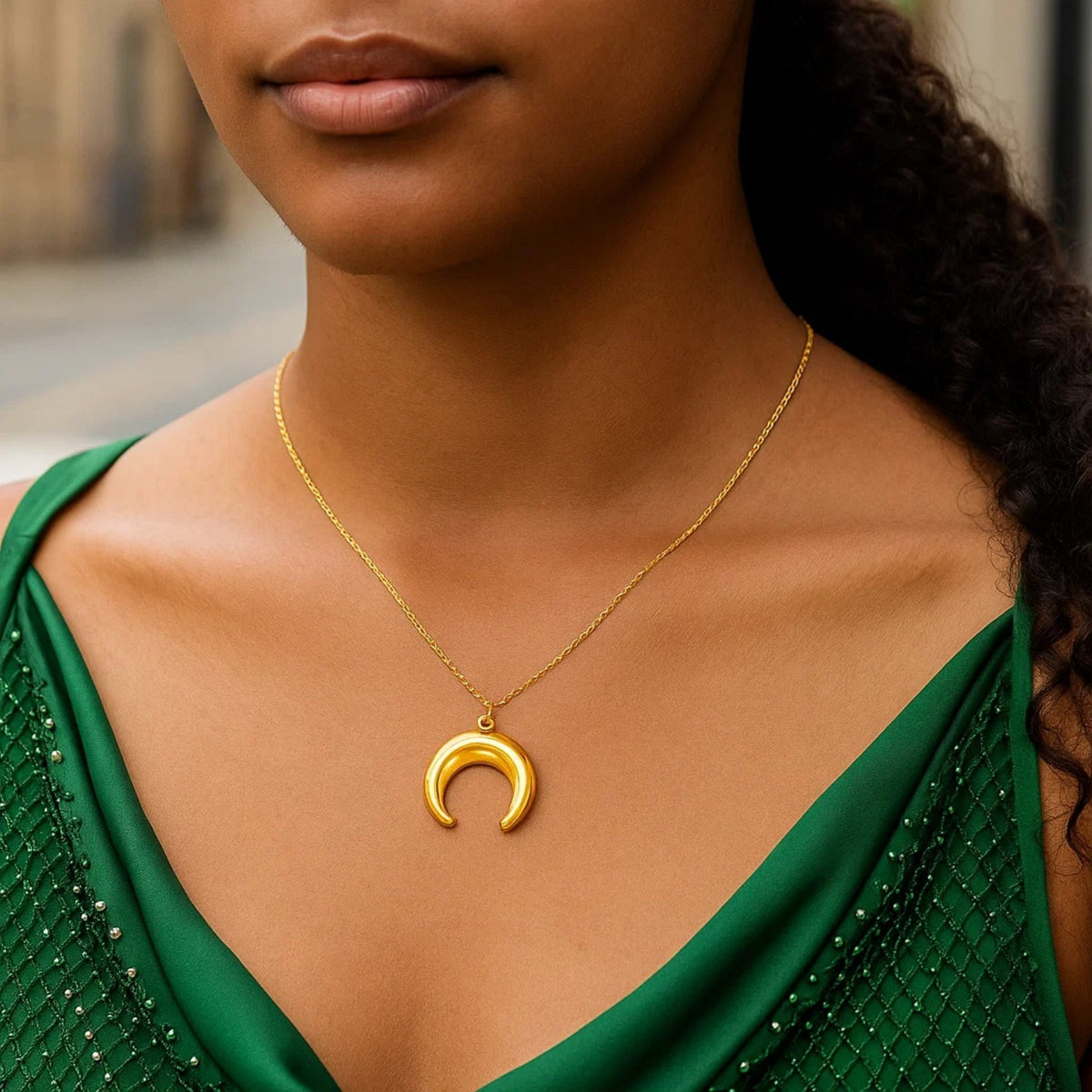 Domed Crescent Moon Necklace in 14K Yellow Gold, worn