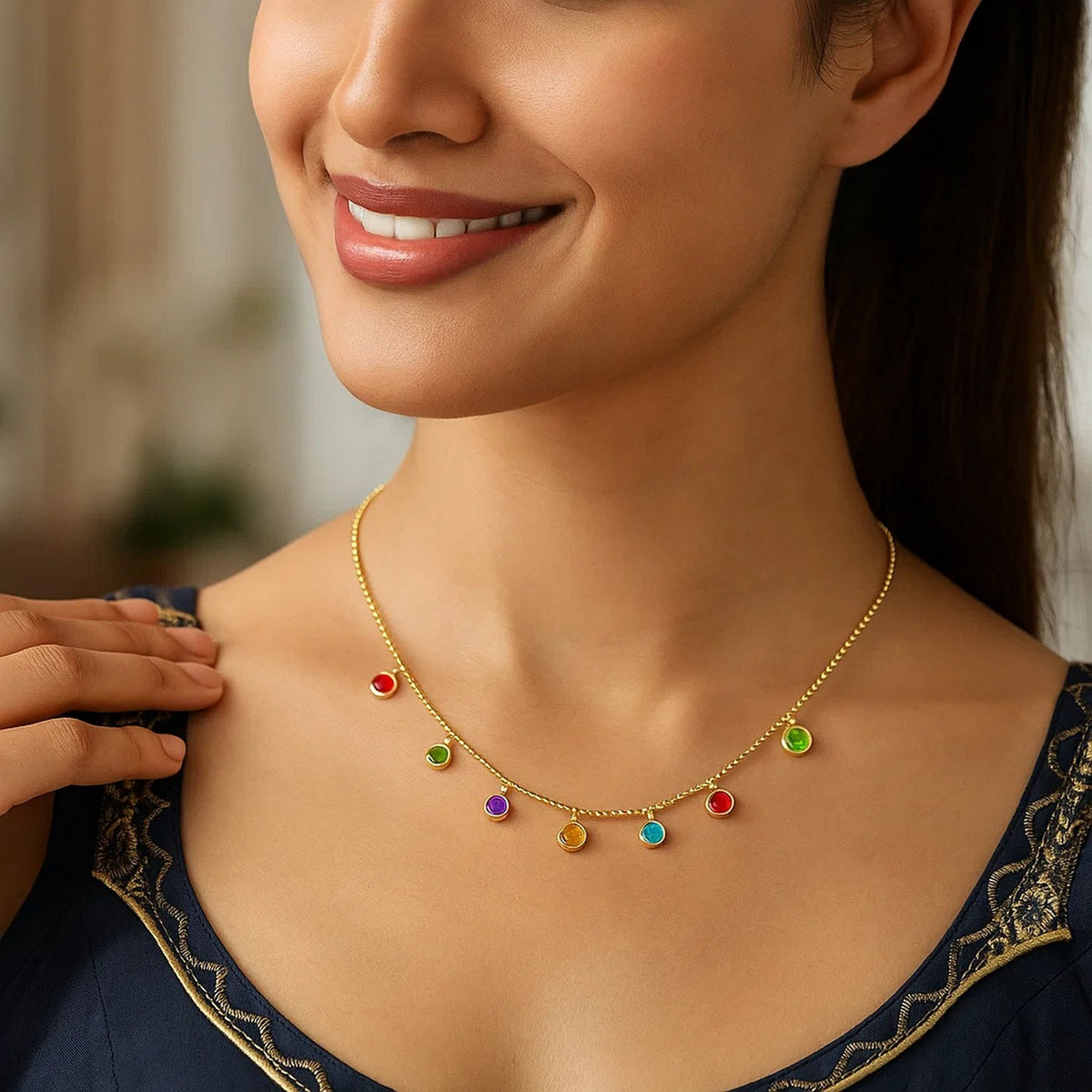 Multi-Color Stone Charm Necklace in 14K Yellow Gold, worn