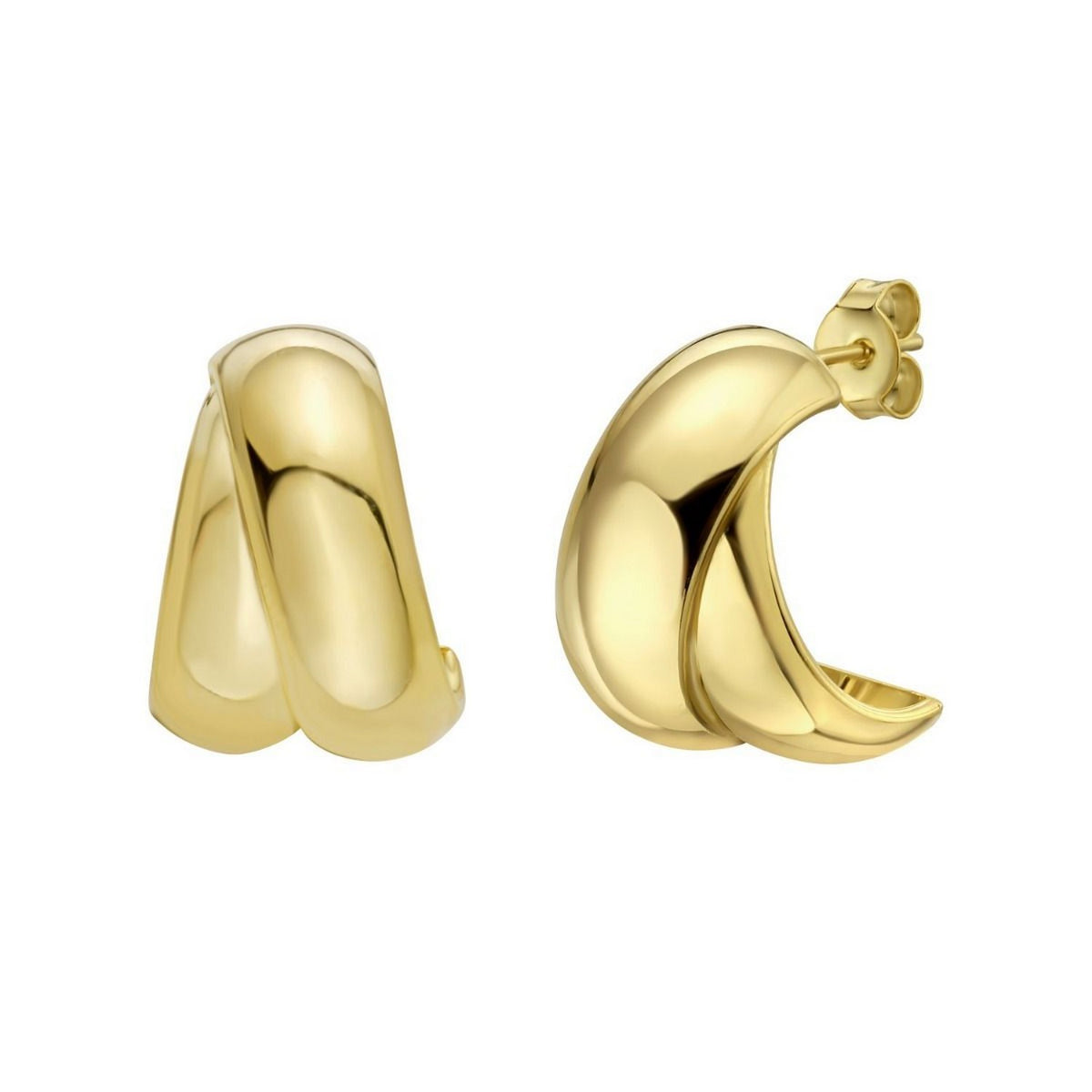 Puffed Double Row Crossover C-Hoop Earrings in Yellow Gold Silver