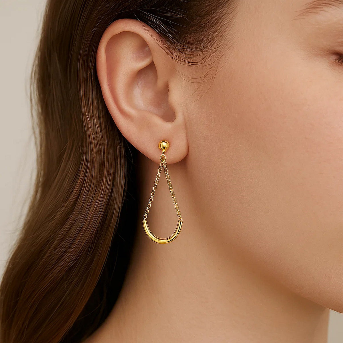 Chain and Curved Bar Drop Earrings in 14K Yellow Gold, worn