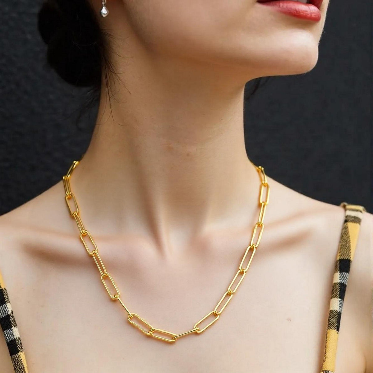 Wide Paperclip Chain Necklace in 14K Yellow Gold, worn