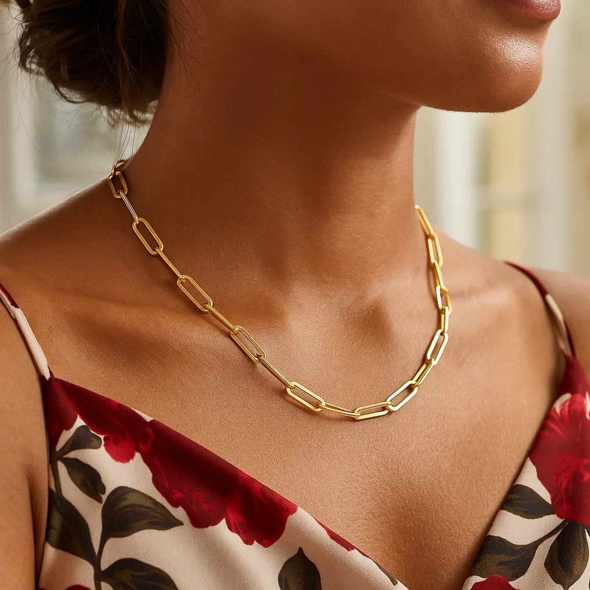 Wide Paperclip Chain Necklace in 14K Yellow Gold, worn