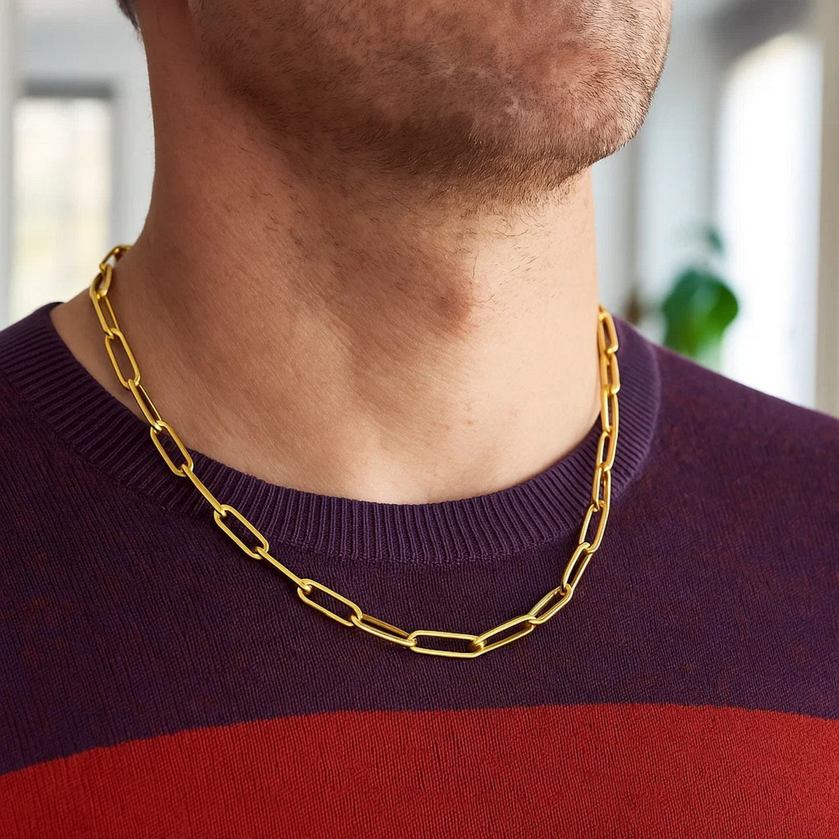 Wide Paperclip Chain Necklace in 14K Yellow Gold, worn