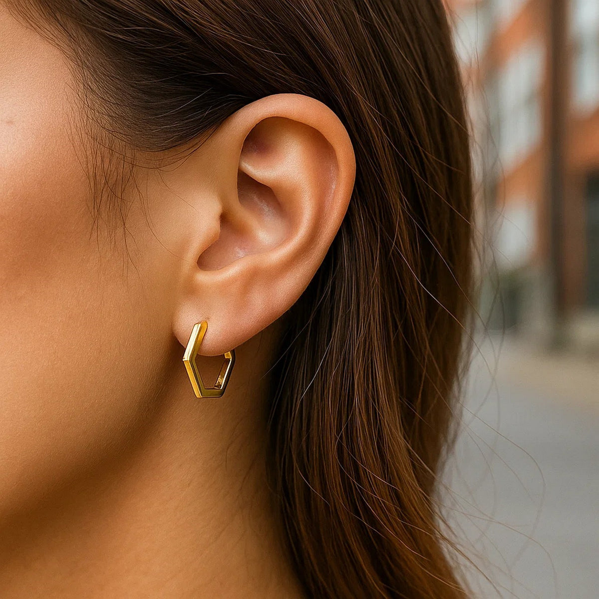 Hexagon Huggie Hoop Earrings in 14K Yellow Gold, worn