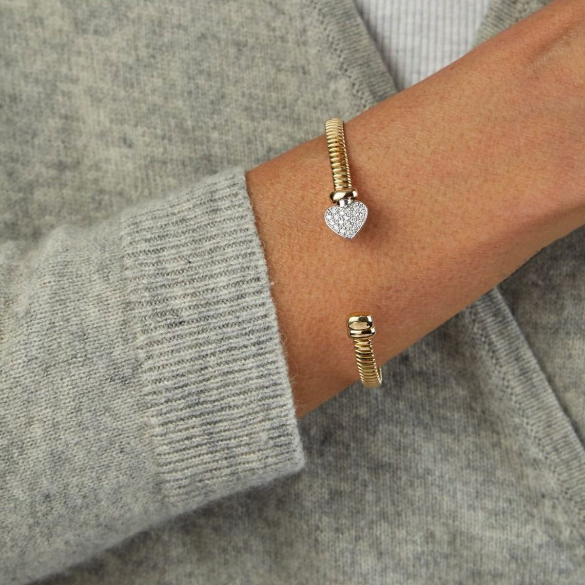 Pavé Diamond Heart Tubogas Cuff Bangle in 14K Two-Tone Gold, worn