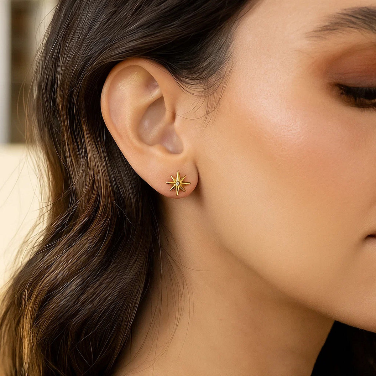 North Star Diamond Stud Earrings in 14K Yellow Gold, worn