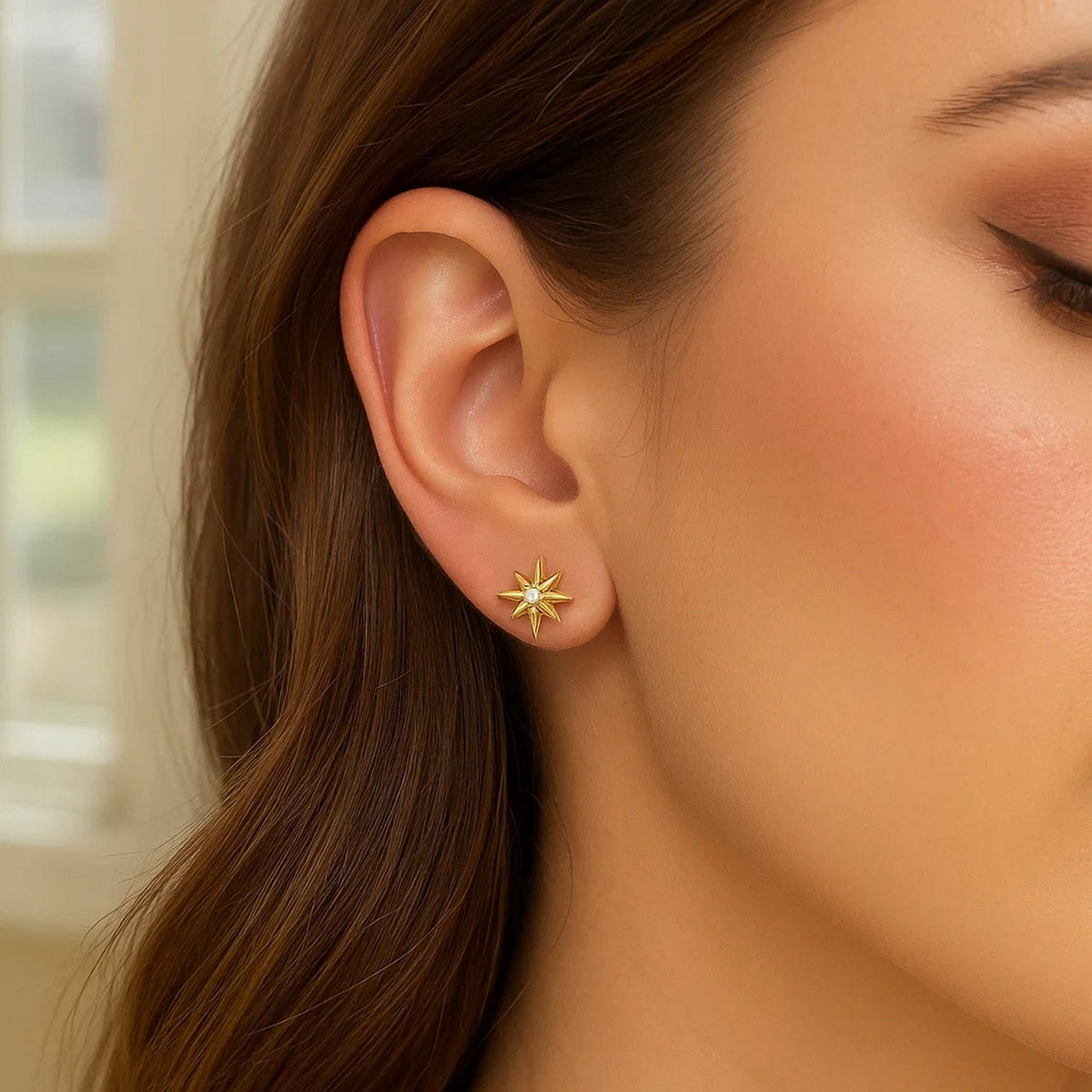 North Star Diamond Stud Earrings in 14K Yellow Gold, worn