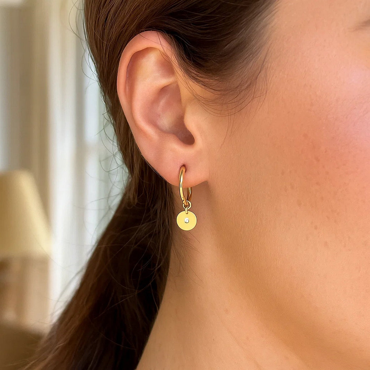 Diamond Disc Charm Hoop Earrings in 14K Yellow Gold, worn