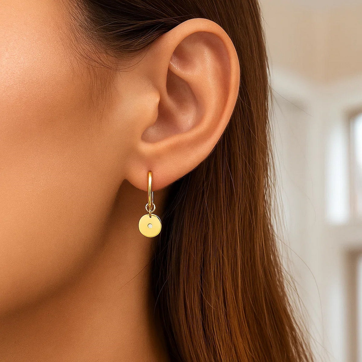 Diamond Disc Charm Hoop Earrings in 14K Yellow Gold, worn