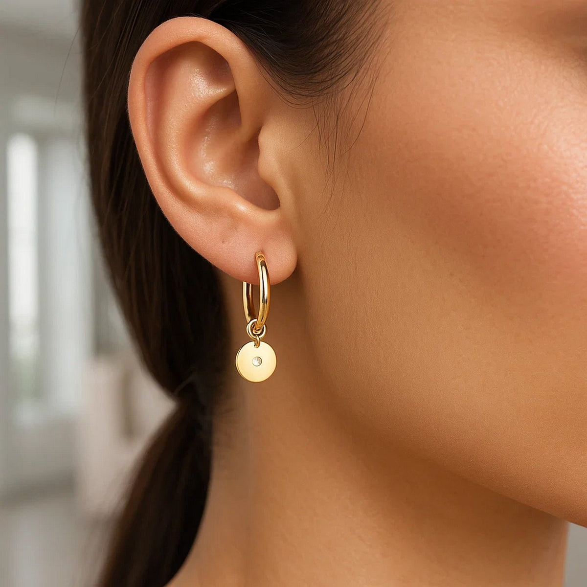 Diamond Disc Charm Hoop Earrings in 14K Yellow Gold, worn
