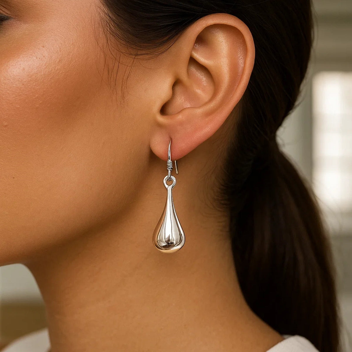 Long Teardrop Puff Drop Earrings in Sterling Silver
