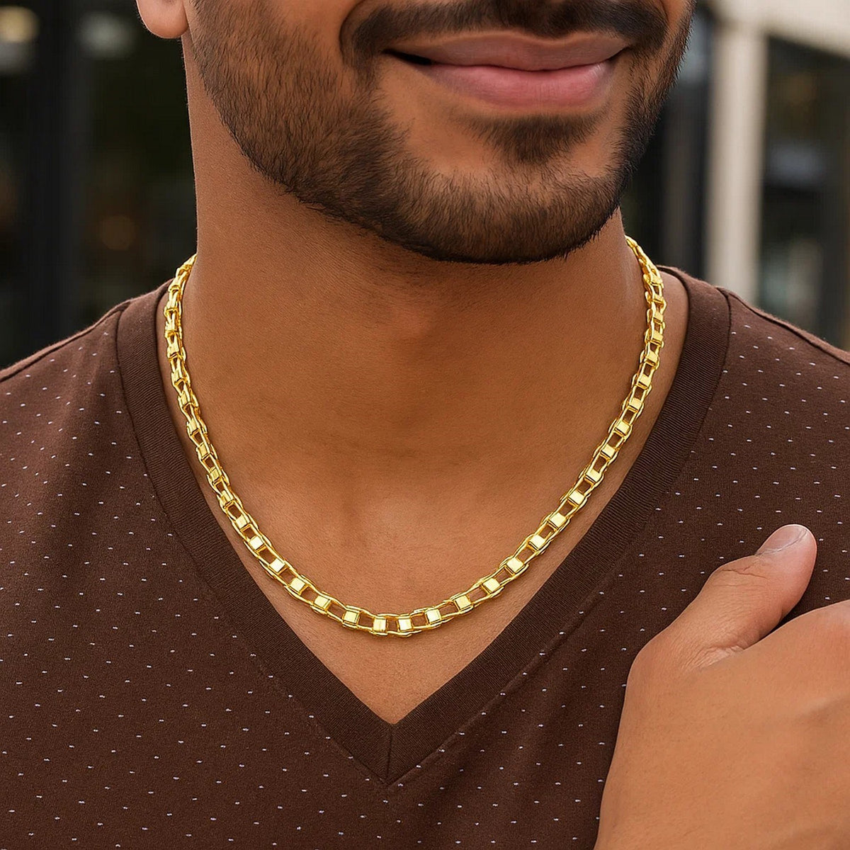 Men's Track Design Link Necklace in 14K Yellow Gold, worn