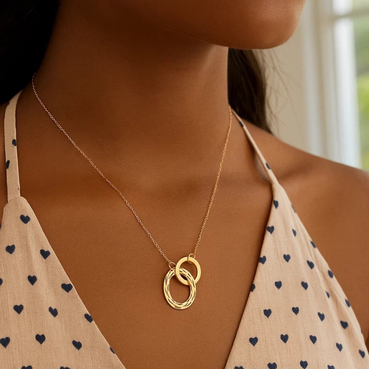 Interlocking Circles Necklace in 14K Yellow Gold, worn