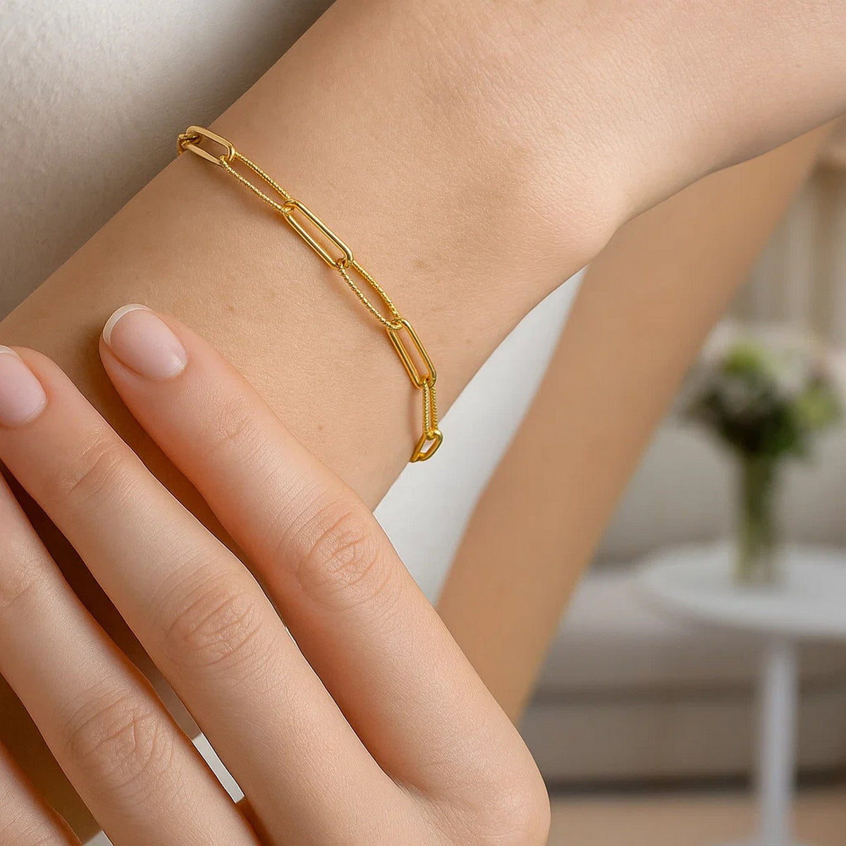 Alternating Bead Paperclip Bracelet in 14K Yellow Gold, worn