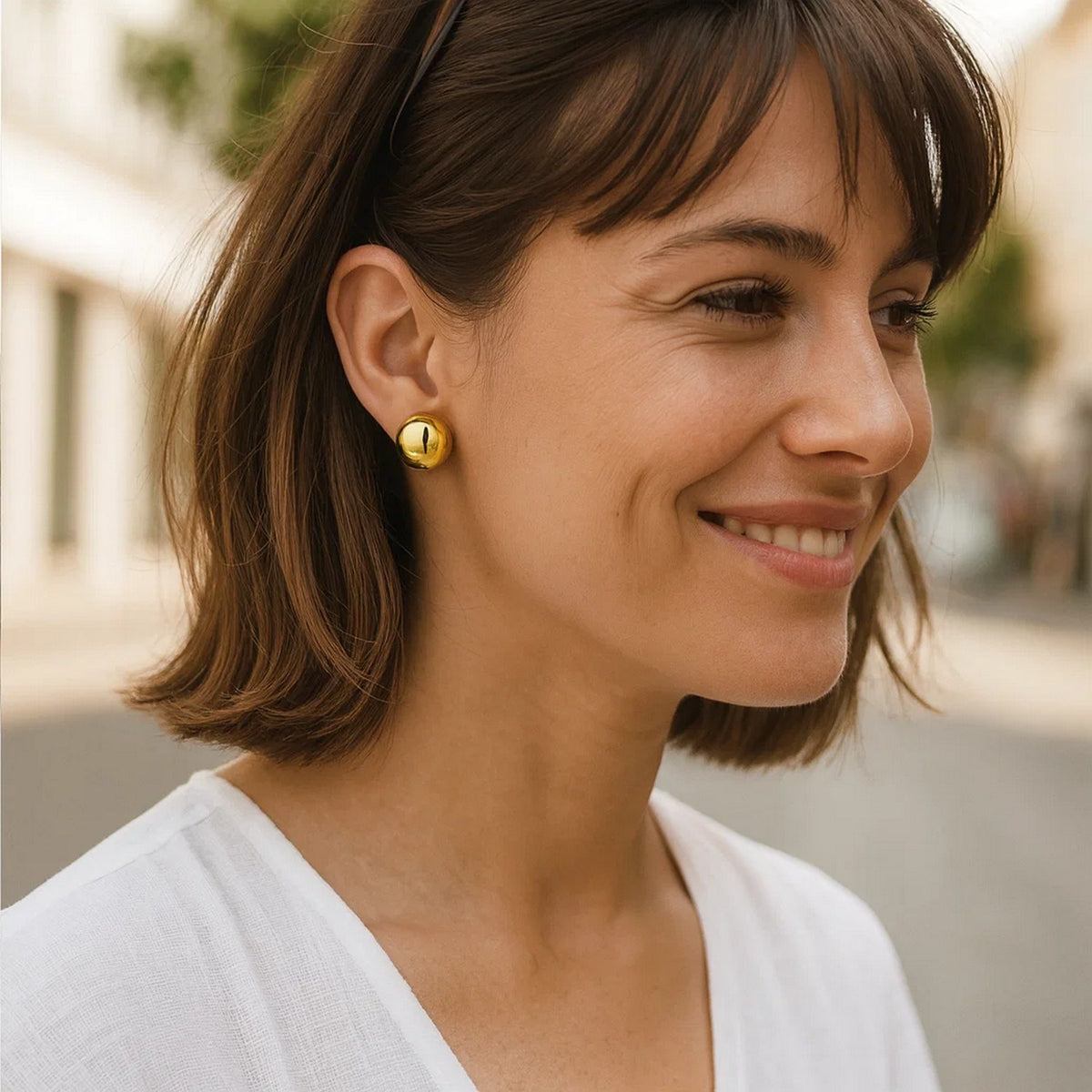 Puffed Button Omega Earrings in Yellow Gold-Plated Silver