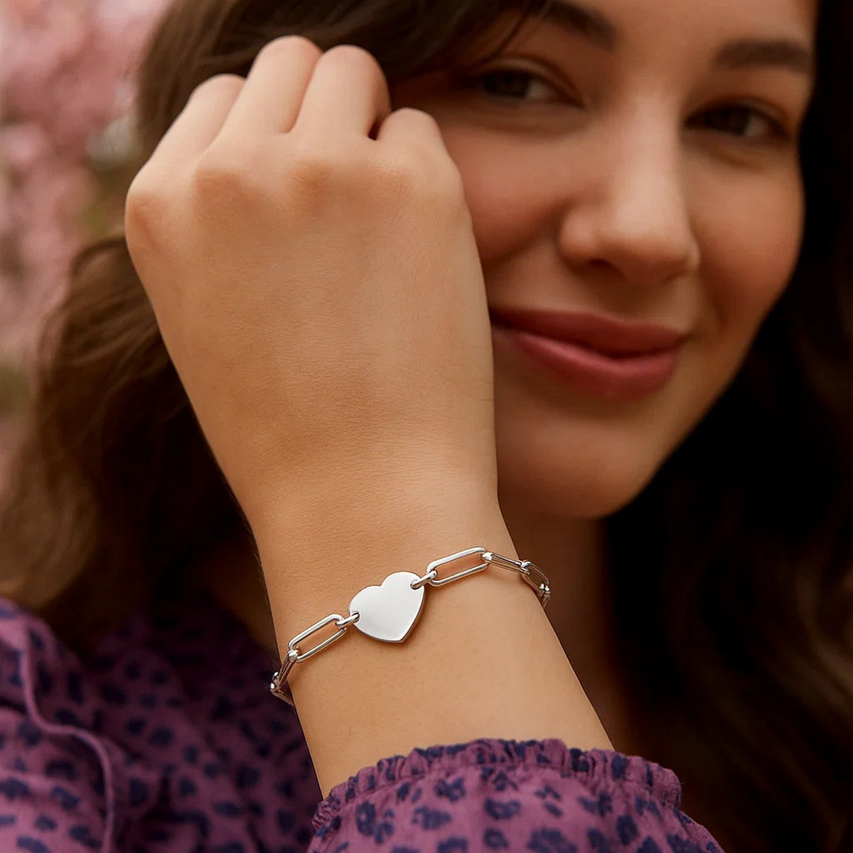 Engravable Heart Paperclip Bracelet in Rhodium Silver (2.10 mm)
