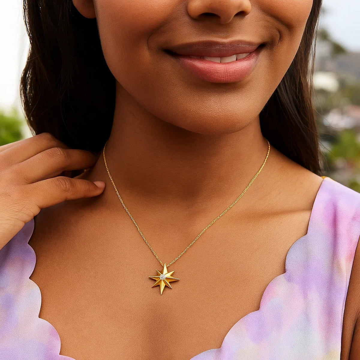 North Star Diamond Necklace in 14K Yellow Gold, worn