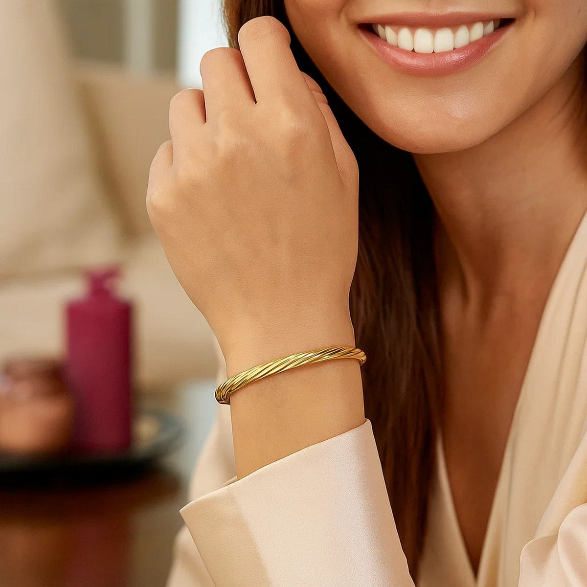 Fluted Twist Bangle in 14K Yellow Gold, worn