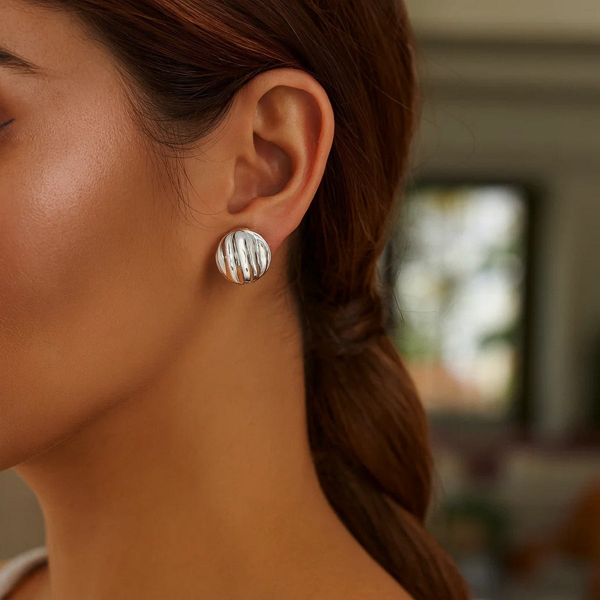 Sculpted Domed Disc Stud Earrings in Sterling Silver