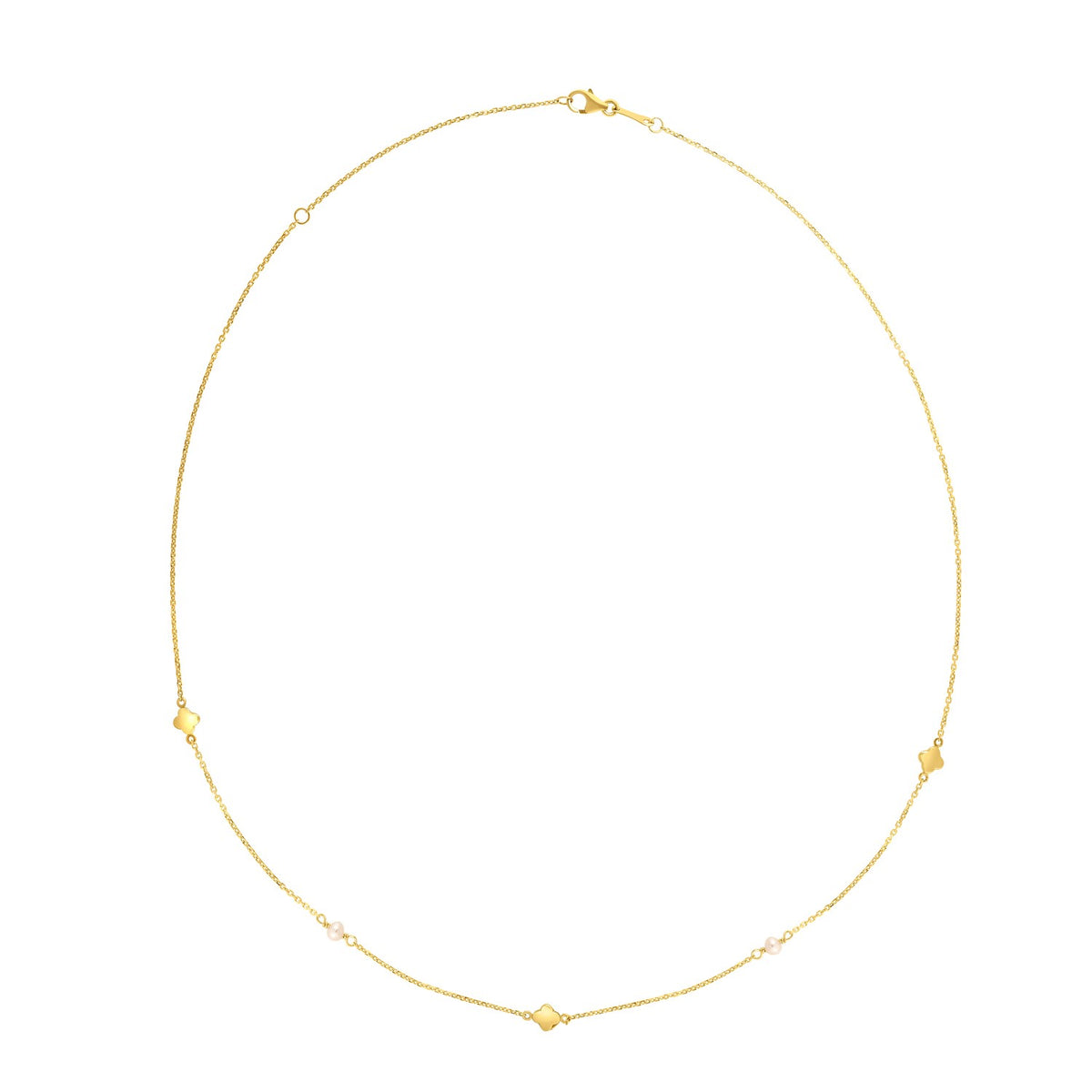 Pearl and Clover Station Necklace in 14K Yellow Gold