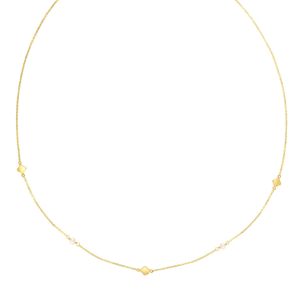 Pearl and Clover Station Necklace in 14K Yellow Gold