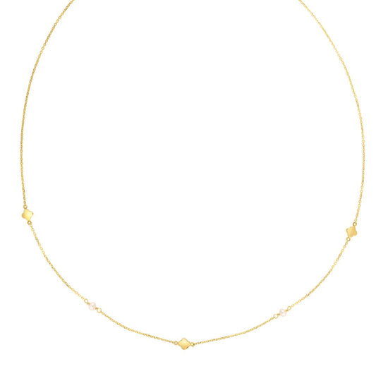 Pearl and Clover Station Necklace in 14K Yellow Gold