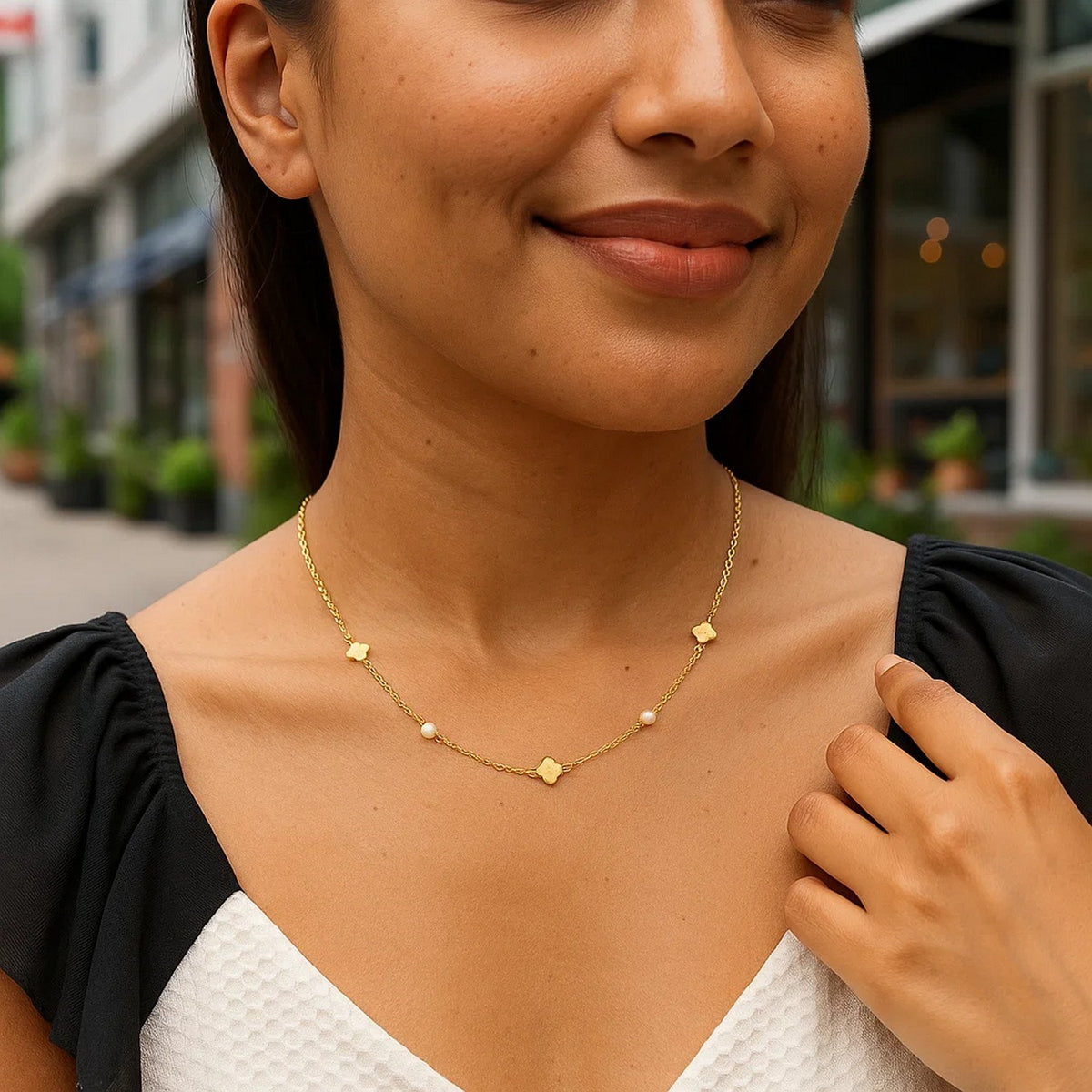 Pearl and Clover Station Necklace in 14K Yellow Gold, worn