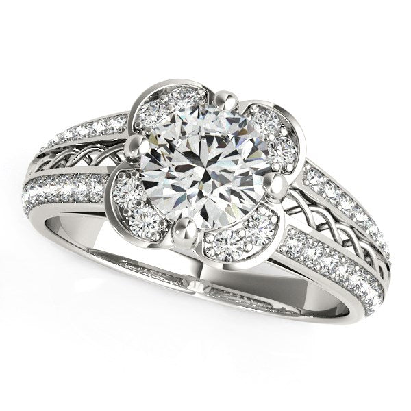 Round Diamond Floral Motif Engagement Ring in 14K White Gold (1 3/8 cttw)