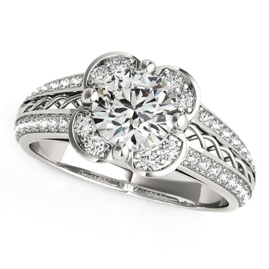 Round Diamond Floral Motif Engagement Ring in 14K White Gold (1 3/8 cttw)
