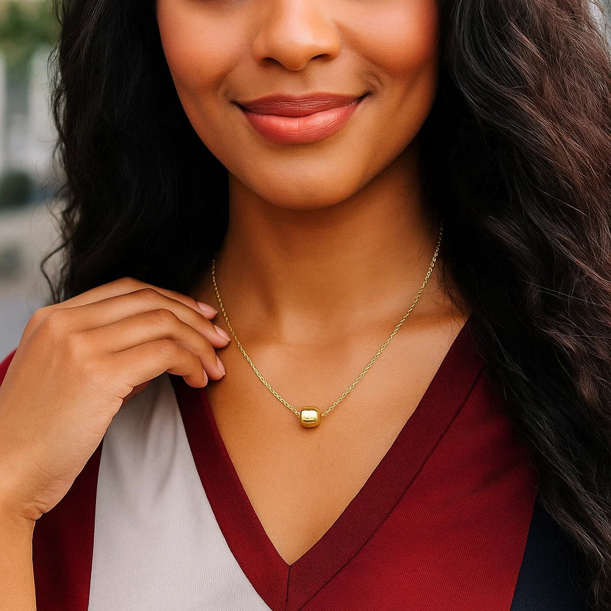 Polished Barrel Bead Necklace in 14K Yellow Gold, worn