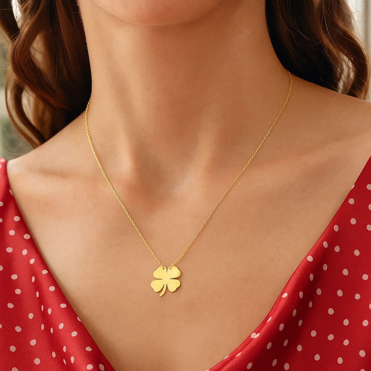 Polished Four Leaf Clover Necklace in 14K Yellow Gold, worn